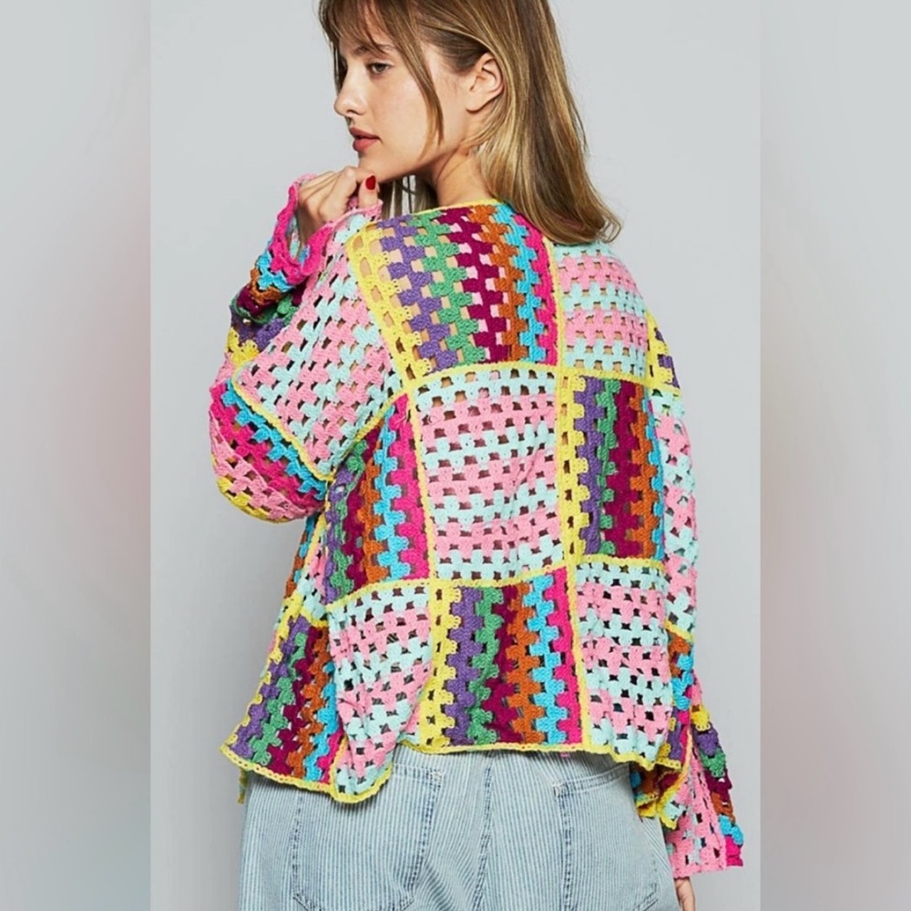 Pink Granny Square Crochet Patchwork Cardigan Swe… - image 3